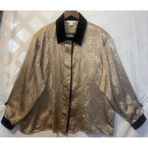 VTG SUSAN HUTTON Gold Floral Brocade Black Velvet Trim Button Up Tunic 24W